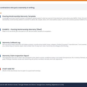 May include: A digital document bundle for flooring contractors featuring a Flooring Workmanship Warranty Template, a filled example, a Warranty Callback Log, a Warranty Claim Inspection Report, and a Start Here PDF, all editable in Word, Excel, and Google Docs.