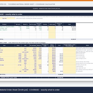 May include: A digital spreadsheet titled Trade Templates Co. Flooring Material Order Sheet and Coverage Calculator. The document features columns for product, net square footage, waste percentage, cartons, and cost, organized into flooring and accessories sections.