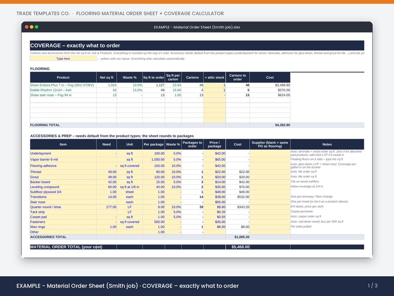 May include: A digital spreadsheet titled Trade Templates Co. Flooring Material Order Sheet and Coverage Calculator. The document features columns for product, net square footage, waste percentage, cartons, and cost, organized into flooring and accessories sections.
