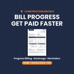 Construction Invoice Template, Contractor Progress Invoice, Retainage, Payment Reminders, Word Google Docs PDF image 1