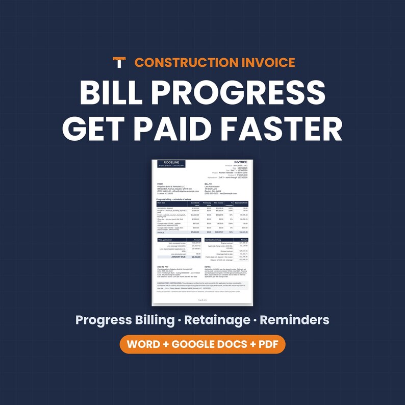Construction Invoice Template, Contractor Progress Invoice, Retainage, Payment Reminders, Word Google Docs PDF image 1