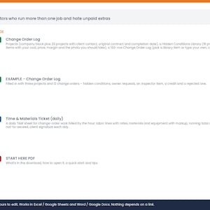 May include: A digital product list for contractors featuring a Change Order Log, an example log, a Time & Materials Ticket, and a Start Here PDF. The text includes 'Made for contractors who run more than one job and hate unpaid extras' and file formats.