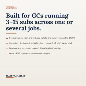 Op de afbeelding: Een witte informatieve afbeelding met donkerblauwe tekst onder de kop WHO IT'S FOR. Het stelt: Built for GCs running 3-15 subs across one or several jobs. Het somt vier problemen in bouwbeheer op en eindigt met TRADE TEMPLATE CO.