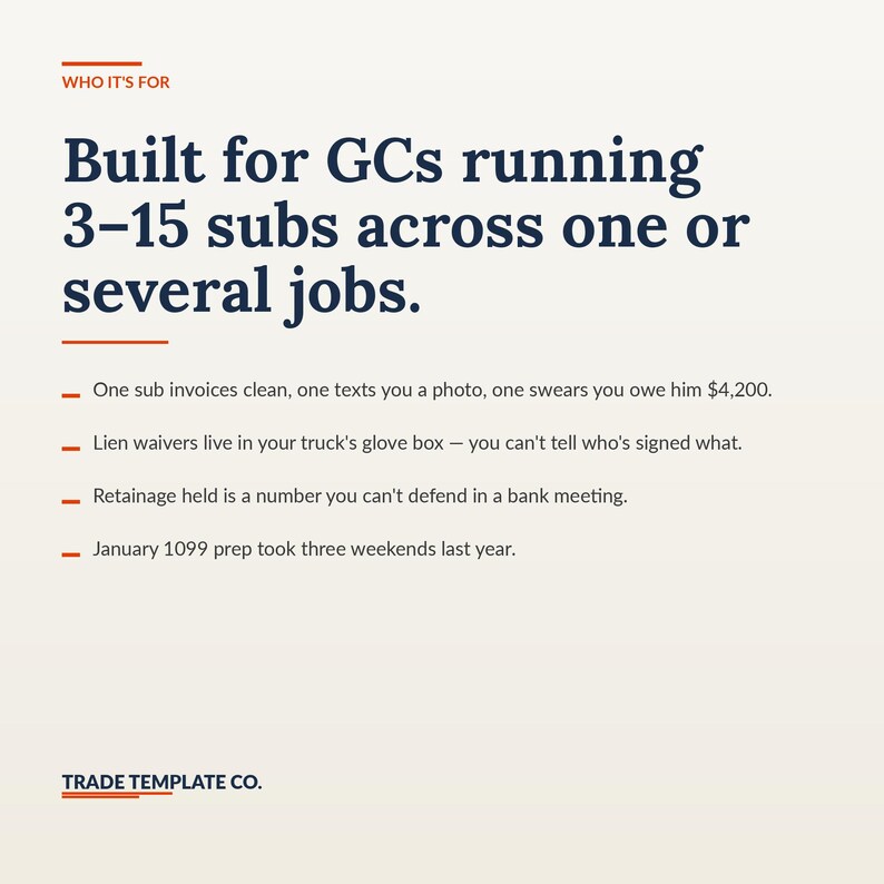 Op de afbeelding: Een witte informatieve afbeelding met donkerblauwe tekst onder de kop WHO IT'S FOR. Het stelt: Built for GCs running 3-15 subs across one or several jobs. Het somt vier problemen in bouwbeheer op en eindigt met TRADE TEMPLATE CO.