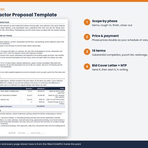 May include: A Contractor Proposal Template document featuring sections for scope of work by phase, allowances, and exclusions. The page includes a table for itemized costs and quantities, alongside a list of four key components: scope by phase, price and payment, 14 terms, and a bid cover letter plus NTP.