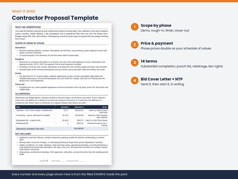 May include: A Contractor Proposal Template document featuring sections for scope of work by phase, allowances, and exclusions. The page includes a table for itemized costs and quantities, alongside a list of four key components: scope by phase, price and payment, 14 terms, and a bid cover letter plus NTP.