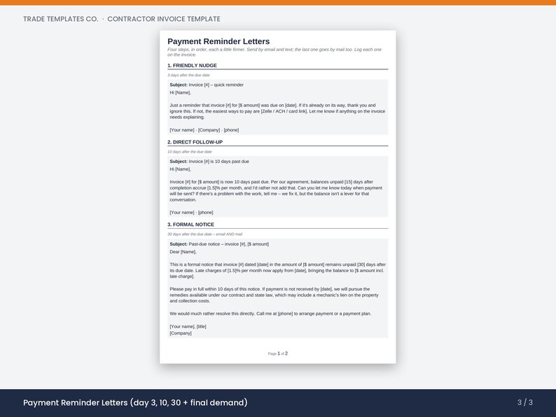 May include: A white document titled Payment Reminder Letters featuring three sections: 1. Friendly Nudge, 2. Direct Follow-up, and 3. Formal Notice. The text provides templates for invoice follow-ups at 3, 10, and 30 days past the due date.