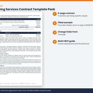 May include: A Plumbing Services Contract Template Pack featuring a 5-page contract with 17 sections, a filled example, a one-page Change Order Form, and a READ FIRST guide. The document displays a payment schedule and contract price details.