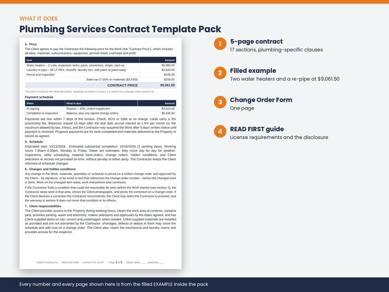 May include: A Plumbing Services Contract Template Pack featuring a 5-page contract with 17 sections, a filled example, a one-page Change Order Form, and a READ FIRST guide. The document displays a payment schedule and contract price details.
