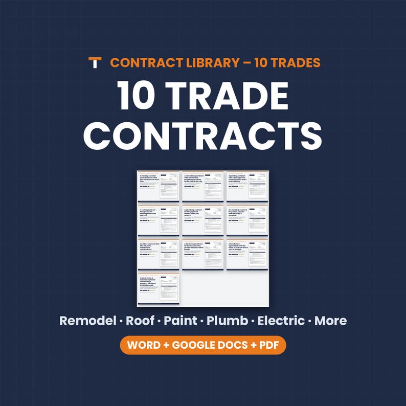 Contractor Contract Templates Bundle, 10 Trades, Remodeling Roofing Painting Plumbing Electrical HVAC, Word image 1
