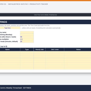 May include: A digital spreadsheet template titled Trade Templates Co. Installer Piece-Rate Pay + Productivity Tracker. The interface displays a settings tab with fields for company name, week start, overtime rules, and a crew table with columns for name, type, hourly rate, job, and notes.