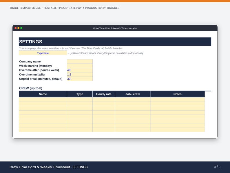 May include: A digital spreadsheet template titled Trade Templates Co. Installer Piece-Rate Pay + Productivity Tracker. The interface displays a settings tab with fields for company name, week start, overtime rules, and a crew table with columns for name, type, hourly rate, job, and notes.