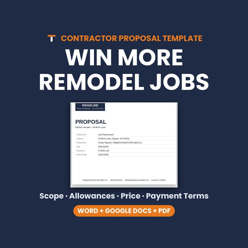 May include: A digital contractor proposal template featuring the text CONTRACTOR PROPOSAL TEMPLATE, WIN MORE REMODEL JOBS, and a sample document titled PROPOSAL for a kitchen remodel. Includes sections for Scope, Allowances, Price, Payment Terms, and file formats.