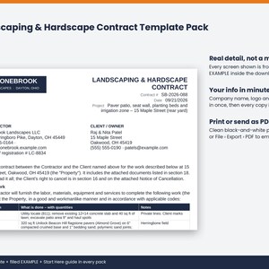 Close-up of the Landscaping & Hardscape Contract Template Pack showing real detail from the filled example.