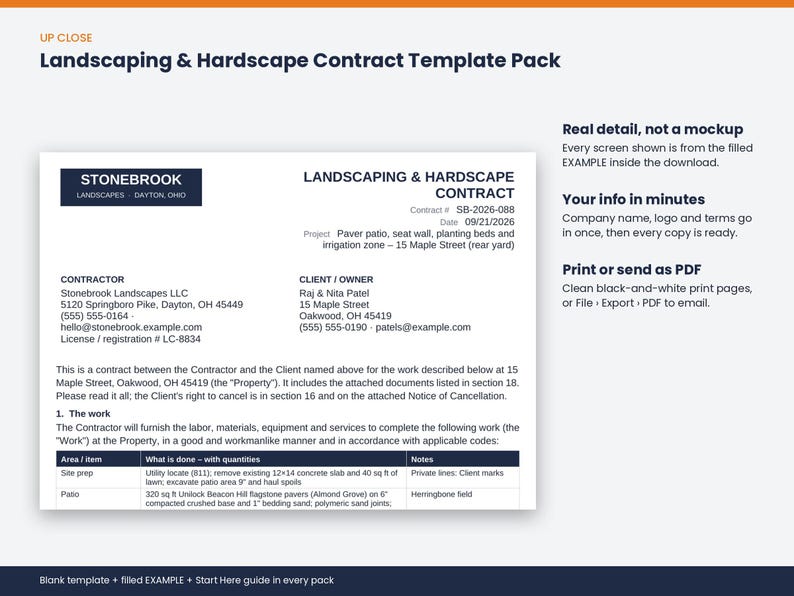 Close-up of the Landscaping & Hardscape Contract Template Pack showing real detail from the filled example.