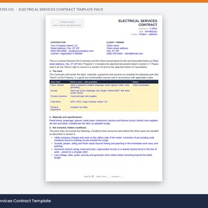 May include: A white document titled Electrical Services Contract with black text and a yellow table. The template includes sections for contractor and client information, scope of work, materials, and exclusions. It is labeled Trade Templates Co.