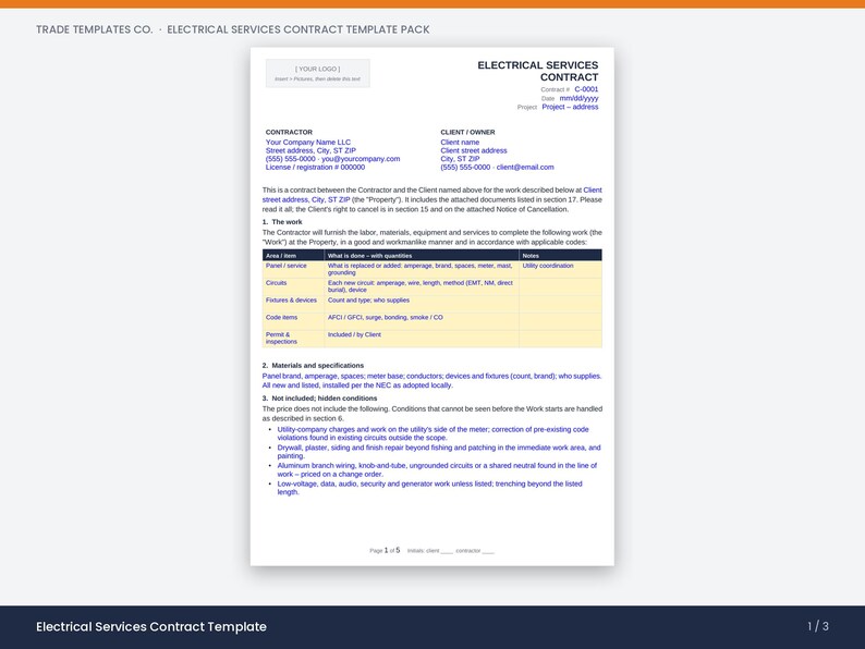 May include: A white document titled Electrical Services Contract with black text and a yellow table. The template includes sections for contractor and client information, scope of work, materials, and exclusions. It is labeled Trade Templates Co.