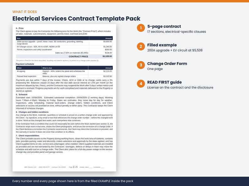 May include: An Electrical Services Contract Template Pack featuring a 5-page contract with 17 electrical-specific clauses, a filled example showing a 200A upgrade and EV circuit, a one-page Change Order Form, and a READ FIRST guide for license details.