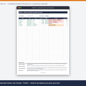 May include: A digital spreadsheet titled Trade Templates Co. Flooring Estimate Follow-Up + Close Rate Tracker. The document features columns for client names, phone numbers, products, estimate amounts, follow-up dates, and action status.