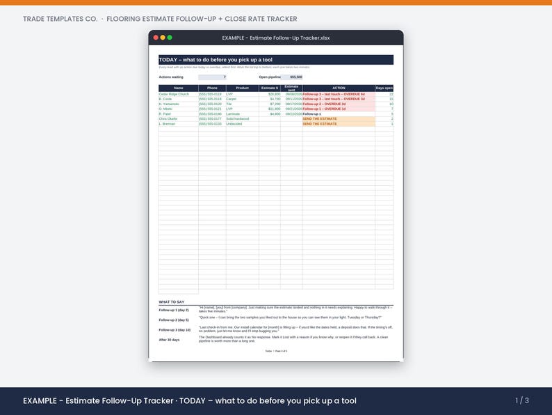 May include: A digital spreadsheet titled Trade Templates Co. Flooring Estimate Follow-Up + Close Rate Tracker. The document features columns for client names, phone numbers, products, estimate amounts, follow-up dates, and action status.