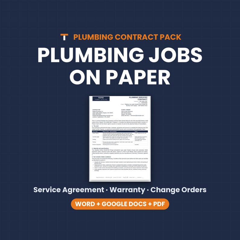 Plumbing Contract Template, Plumbing Service Agreement, Plumber Contract, Warranty, Change Order, Word Google Docs PDF image 10