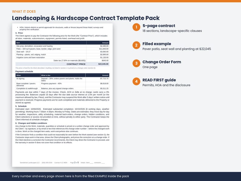 What the Landscaping & Hardscape Contract Template Pack does: the key features at a glance.