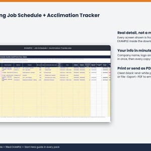 Close-up of the Flooring Job Schedule + Acclimation Tracker showing real detail from the filled example.