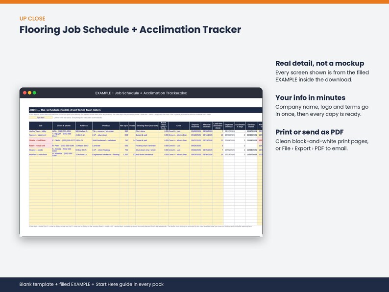 Close-up of the Flooring Job Schedule + Acclimation Tracker showing real detail from the filled example.