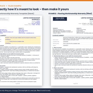 May include: A two-page document template titled Limited Workmanship Warranty, featuring a blank version on the left and a filled-in example on the right for Oak & Iron Flooring, detailing coverage summaries, warranty terms, and exclusions.