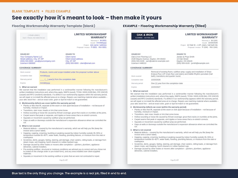May include: A two-page document template titled Limited Workmanship Warranty, featuring a blank version on the left and a filled-in example on the right for Oak & Iron Flooring, detailing coverage summaries, warranty terms, and exclusions.