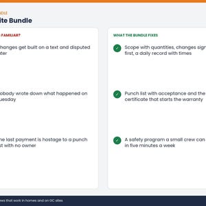 May include: An informational graphic titled Job-Site Bundle. The left column, Sounds Familiar, lists three common construction issues with red X icons. The right column, What the Bundle Fixes, lists three solutions with green checkmark icons.