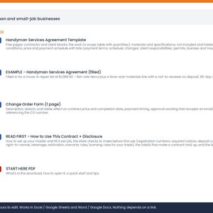 May include: A digital download bundle for handyman and small-job businesses containing a five-page Handyman Services Agreement Template, a filled example agreement, a one-page Change Order Form, a How to Use This Contract guide, and a Start Here PDF.