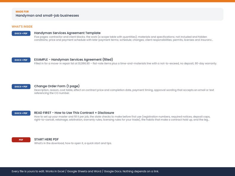 May include: A digital download bundle for handyman and small-job businesses containing a five-page Handyman Services Agreement Template, a filled example agreement, a one-page Change Order Form, a How to Use This Contract guide, and a Start Here PDF.