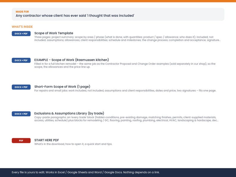 Scope of Work Template, Construction SOW, Exclusions & Assumptions Library, Short Form, Word Google Docs PDF image 9