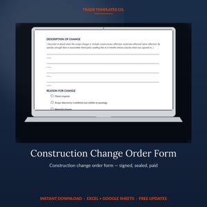 Può includere: Un modulo digitale per ordini di modifica lavori di costruzione visualizzato su uno schermo di un portatile. Il documento include sezioni intitolate Description of Change e Reason for Change con caselle di controllo.
