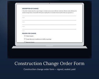Formulário de Ordem de Alteração de Construção | Modelo Editável de Ordem de Alteração para Empreiteiros | Word + PDF Preenchível + Google Docs | Pronto para Assinatura do Cliente