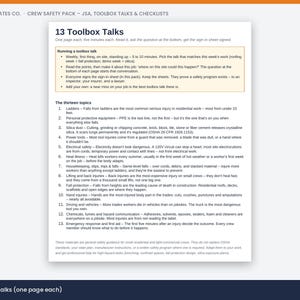 May include: A white document titled 13 Toolbox Talks from Trade Templates Co. The page outlines safety procedures for construction crews, including thirteen numbered topics such as ladders, silica dust, power tools, and emergency response protocols.