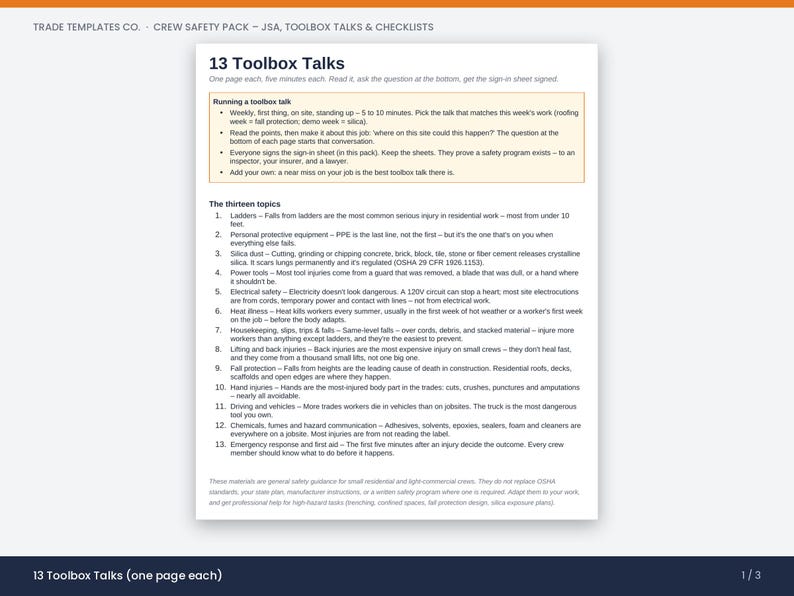 May include: A white document titled 13 Toolbox Talks from Trade Templates Co. The page outlines safety procedures for construction crews, including thirteen numbered topics such as ladders, silica dust, power tools, and emergency response protocols.