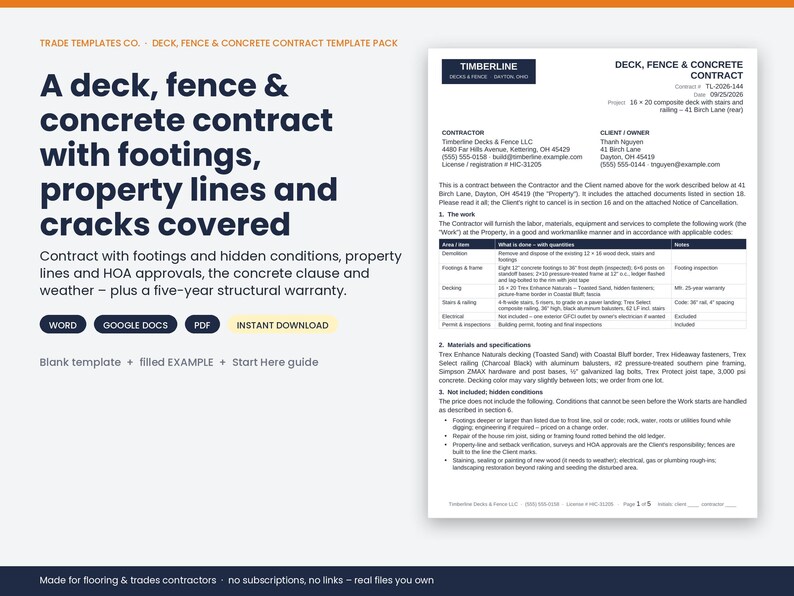 May include: A digital template pack for a deck, fence, and concrete contract. The document includes sections for work, materials, and hidden conditions, with text detailing footings, property lines, and a five-year structural warranty.