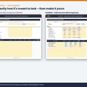 May include: A digital spreadsheet template for subcontractor bid comparison, featuring two side-by-side views: a blank version and a filled example. The layout includes sections for project details, bidder information, and line item pricing with yellow cells.