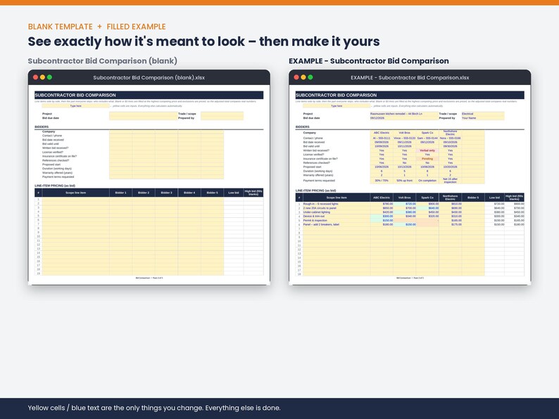 May include: A digital spreadsheet template for subcontractor bid comparison, featuring two side-by-side views: a blank version and a filled example. The layout includes sections for project details, bidder information, and line item pricing with yellow cells.