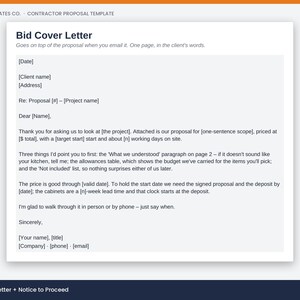 May include: A white digital document template titled Bid Cover Letter from Trade Templates Co. The text includes placeholders for date, client name, address, project details, pricing, and contact information, structured as a formal business letter.