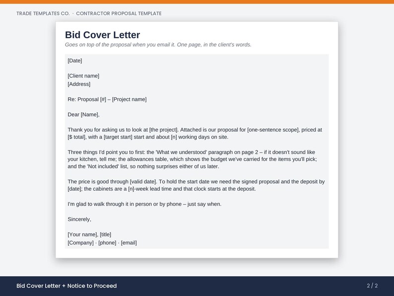 May include: A white digital document template titled Bid Cover Letter from Trade Templates Co. The text includes placeholders for date, client name, address, project details, pricing, and contact information, structured as a formal business letter.