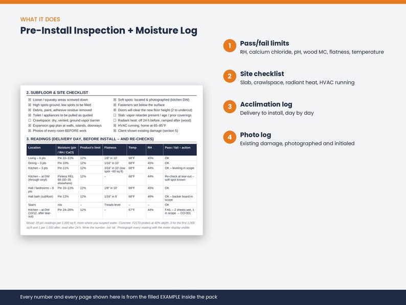 May include: A Pre-Install Inspection and Moisture Log document featuring a subfloor and site checklist, a readings table with columns for location, moisture, product limit, flatness, temperature, and RH, plus four numbered steps for site assessment.