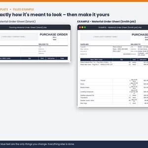 May include: A digital flooring material order sheet template shown in two versions: a blank form and a completed example. The document features sections for supplier and delivery details, a purchase order header, and a table for itemized materials.
