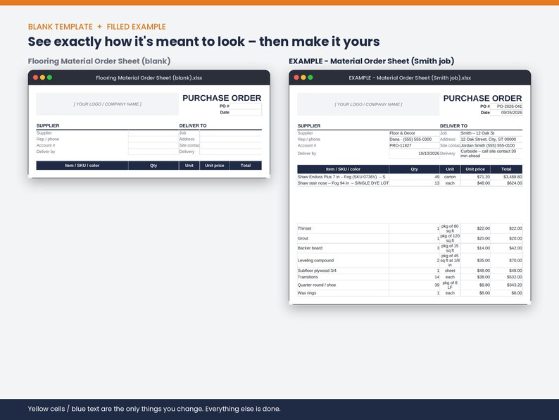 May include: A digital flooring material order sheet template shown in two versions: a blank form and a completed example. The document features sections for supplier and delivery details, a purchase order header, and a table for itemized materials.