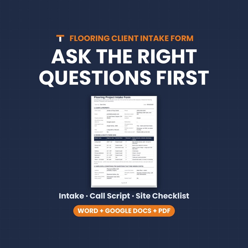 Flooring Client Intake Form, Estimate Request Form, First Call Script, Job Site Checklist, Word Google Docs PDF image 1
