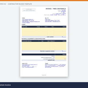 May include: A white contractor invoice template with dark blue text and headers. The document includes sections for labor, materials, equipment, and subcontractors, with fields for company information, client details, and payment terms.