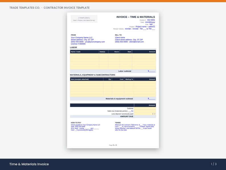 May include: A white contractor invoice template with dark blue text and headers. The document includes sections for labor, materials, equipment, and subcontractors, with fields for company information, client details, and payment terms.