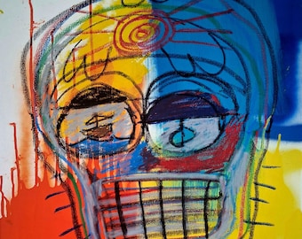 Head #2 Acrylic Painting: D.T. Adelaide Schizophrenia Exploration, Yellow Blue Red Abstract Art